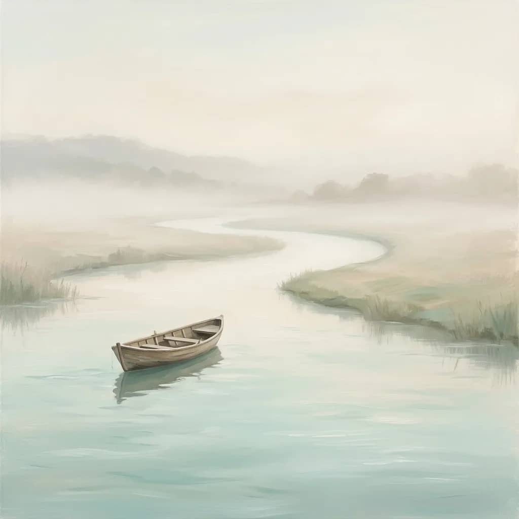 薄霧晨光中，一艘小木舟靜泊於蜿蜒河面的禪意風景 — Wudelay 無算太晚